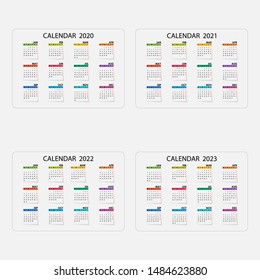 Calendar 2020, 2021,2022 and 2023 Calendar template.Calendar design.Yearly calendar vector design stationery template.Vector illustration.