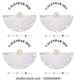 Calendar 2020, 2021,2022 and 2023 Calendar template.Calendar design.Yearly calendar vector design stationery template.Vector illustration.