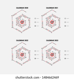 Calendar 2020, 2021,2022 and 2023 Calendar template.Hexagon shape calendar.Yearly calendar vector design stationery template.Vector illustration.