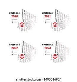 Calendar 2020, 2021,2022 and 2023 Calendar template.Hexagon shape calendar.Yearly calendar vector design stationery template.Vector illustration.