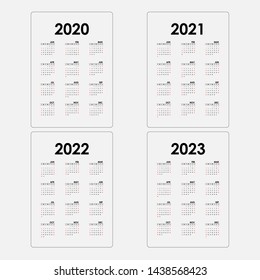 Calendar 2020, 2021,2022 and 2023 Calendar template.Yearly calendar vector design stationery template.Calendar design background.Vector illustration.