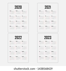 Calendar 2020, 2021,2022 and 2023 Calendar template.Yearly calendar vector design stationery template.Calendar design backdrop.Vector illustration.