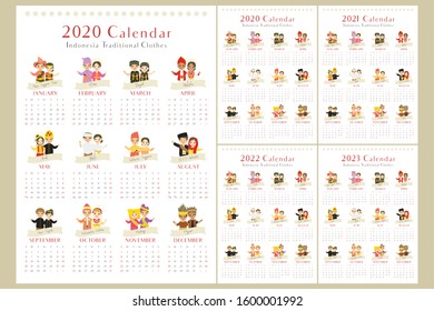 Calendar 2020 to 2023 vector set. One page 12 months wall hanging calendar with Indonesian children in traditional clothes. Printable calendar template, vector design.