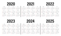 Calendar From 2020 To 2025 Years Template. Calendar Mockup Design In Black And White Colors, Holidays In Red Colors, Week Starts On Sunday. Vector