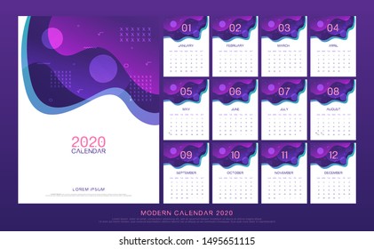 calendar 2020 abstract modern design template. Liquid flow Fluid wall and desk type. artwork A5 size with space design concept. vector illustration