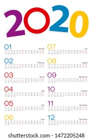 Calendar 2020, All month, 2 weeks line. Vector Illustration.