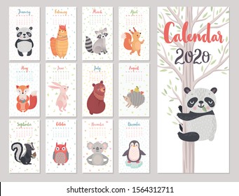 Calendar 2020 with Animals . Cute forest characters. Vector illustration.