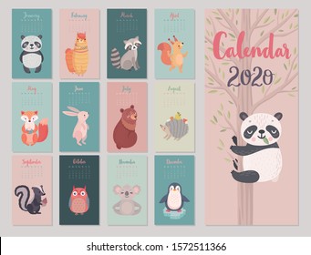 Calendar 2020 with Animals . Cute forest characters. Vector illustration.
