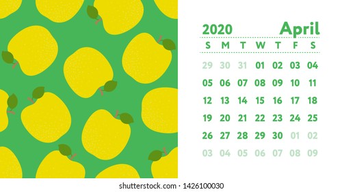 Calendar 2020. April month. Vector English wall calender. Apple seamless pattern. Hand drawn fruits sketch