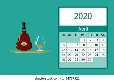 Calendar 2020. April monthly calendar decorated with cute cognac bottle. Vector illustration