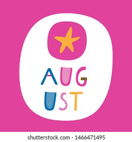 Calendar 2020: August. Vector illustration in pink, yellow and blue.