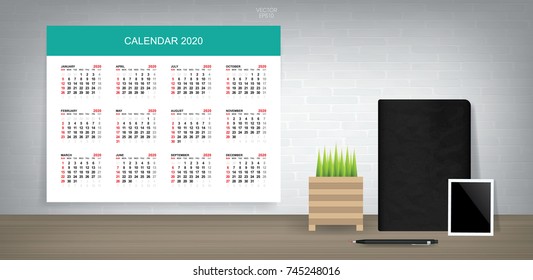Calendar 2020 background with interior object set in working room space. Vector illustration.