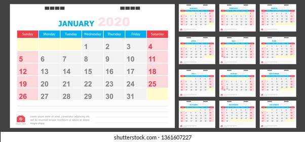 Calendar for 2020 blue and red background