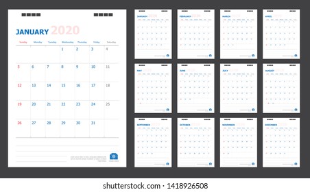 Calendar for 2020 blue and red background