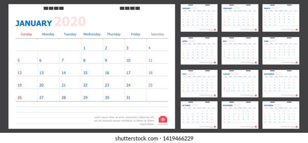 Calendar for 2020 blue and red background