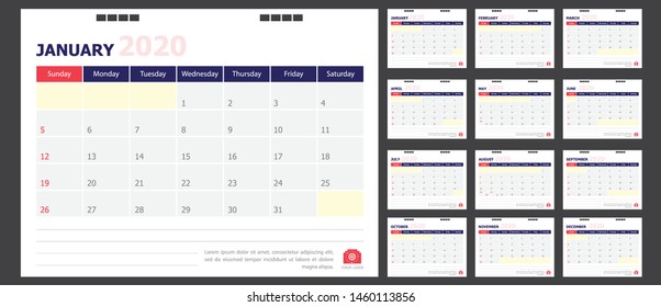 Calendar for 2020 blue and red background