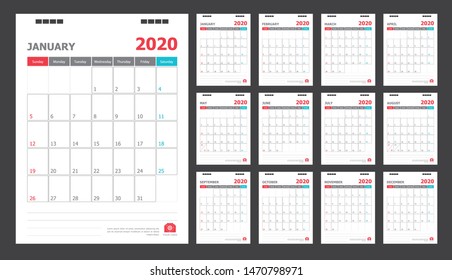 Calendar for 2020 blue and red background