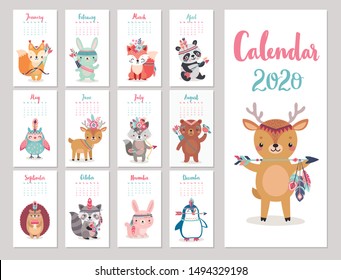 Calendar 2020 Boho Woodland Characters Cute Stock Vector (Royalty Free ...