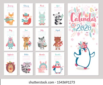 Calendar 2020 with Boho Woodland characters. Cute forest animals. Vector illustration. -  bear, fox, raccoon, panda, deer, rabbit, owl and squirrel. 