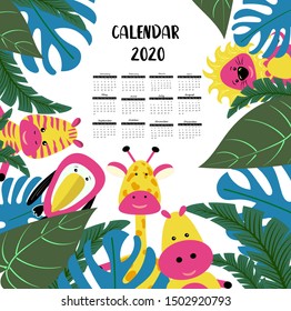 Calendar 2020. children. Tropical style with funny cute animals - zebra, giraffe and hippo characters. Poster for the kids room.