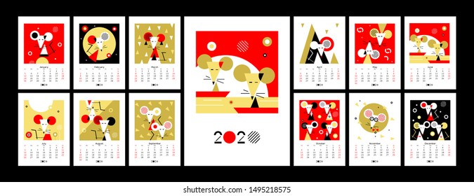 Calendar 2020. Chinese new year 2020. Calender design. Year of the rat, red, gold and black colors. Concept with Illustrations of asian holidays. Week starts on Sunday. Template of calendar. Vector.