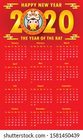 Calendar 2020. Chinese new year. Year of the rat. Concept with of asian holidays. Week starts on Sunday. Calender design Template of calendar. Illustrations Vector 
