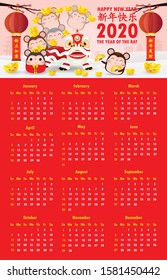 Calendar 2020. Chinese new year. Year of the rat. Concept with of asian holidays. Week starts on Sunday. Calender design Template of calendar. Illustrations Vector 