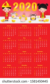 Calendar 2020. Chinese new year. Year of the rat. Concept with of asian holidays. Week starts on Sunday. Calender design Template of calendar. Illustrations Vector 