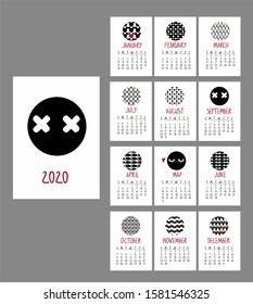 Calendar 2020. Chinese New Year 2020. Original calendar design. Year of the rat, red and black colors. Concept with illustrations of abstract smileys. Calendar template for notebooks, diaries and glid