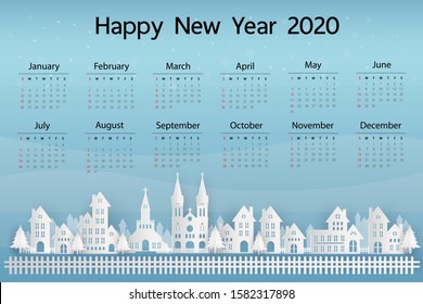 Calendar 2020. The city and blue sky with winter weather. vector illustration