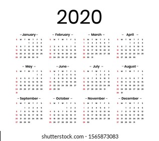 Calendar 2020 clean design template. Vector simple calendar 2020 monthly date calendar illustration week starts on Sunday