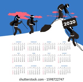 Calendar for 2020. Climbers at the top of the slope raise a large box. Vector calendar