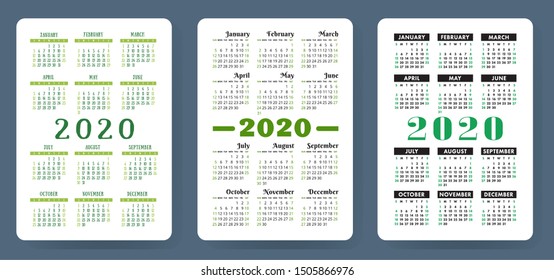 Calendar 2020. Color vector set. Pocket calender collection. Week starts on Sunday. Basic grid template for print
