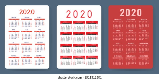 Calendar 2020. Color vector set. Pocket calender collection. Week starts on Sunday. Basic grid template for print
