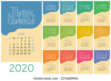 Calendar 2020. Colorful calender. Vector hand drawn design. Doodle English lettering collection.  Hearts and lines