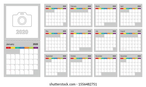 Calendar 2020 colorful design, set of 12 vector wall planner calendar pages on gray background. Week starts on Sunday. Vector calendar template.