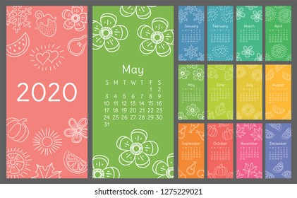 Calendar 2020 colorful hand drawn sketch. Doodle flower, heart, leaf, strawberry, watermelon, sun, snowflake, pumpkin, pear. Thin brush illustration