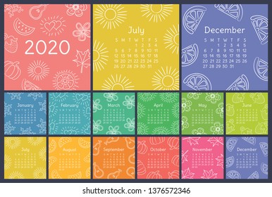 Calendar 2020 colorful hand drawn sketch. Wall english calender. Doodle flower, heart, leaf, strawberry, watermelon, sun, snowflake, pumpkin, pear. Thin brush illustration