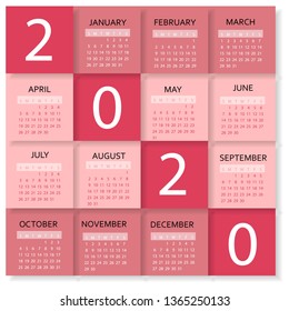 Calendar 2020. Colorful calendar with paper cut effect. Week starts from Sunday.