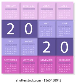 Calendar 2020. Colorful calendar with paper cut effect. Week starts from Sunday.