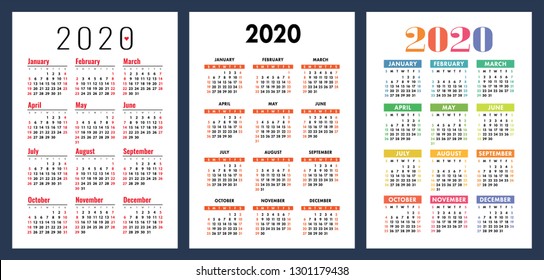 Calendar 2020. Colorful set. Week starts on Sunday. Basic grid. English vector calender collection for print. New year. Color simple design