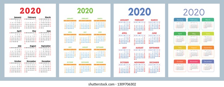 Calendar 2020. Colorful set. Week starts on Sunday. Basic grid. English vector calender collection for print. New year. Color simple design