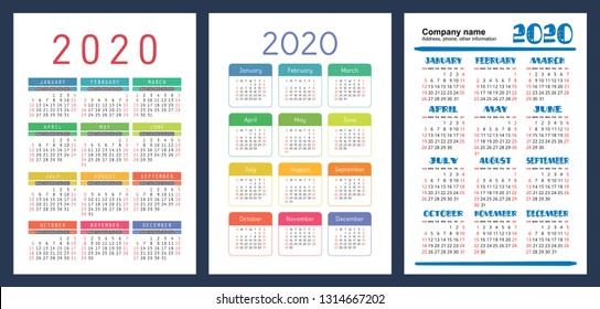 Calendar 2020. Colorful set. Week starts on Sunday. Basic grid. English vector calender collection for print. New year. Color simple design