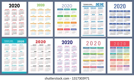 Calendar 2020. Colorful set. Week starts on Sunday. Basic grid. English vector calender collection for print. New year. Color simple design