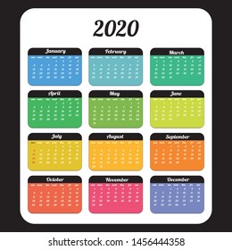 Calendar 2020. Colorful set. Week starts on Sunday. Basic grid