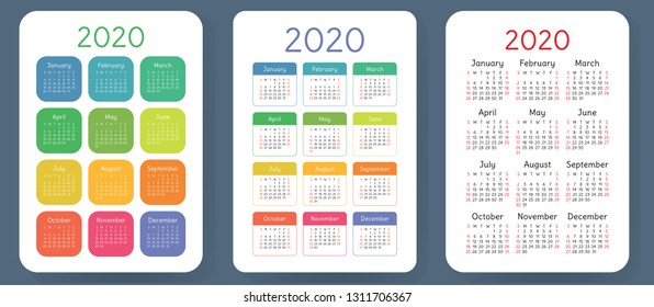 Calendar 2020. Colorful vector set. Pocket calender collection. Week starts on Sunday. Basic grid template for print