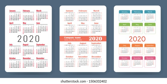 Calendar 2020. Colorful vector set. Pocket calender collection. Week starts on Sunday. Basic grid template for print