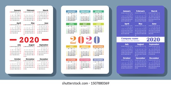 Calendar 2020. Colorful vector set. Pocket calender collection. Week starts on Sunday. Basic grid template for print