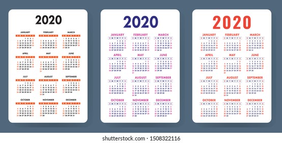 Calendar 2020. Colorful vector set. Pocket calender collection. Week starts on Sunday. Basic grid template for print