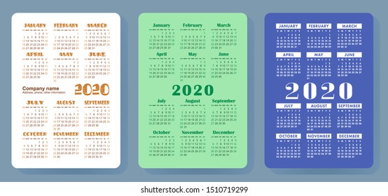 Calendar 2020. Colorful vector set. Pocket calender collection. Week starts on Sunday. Basic grid template for print